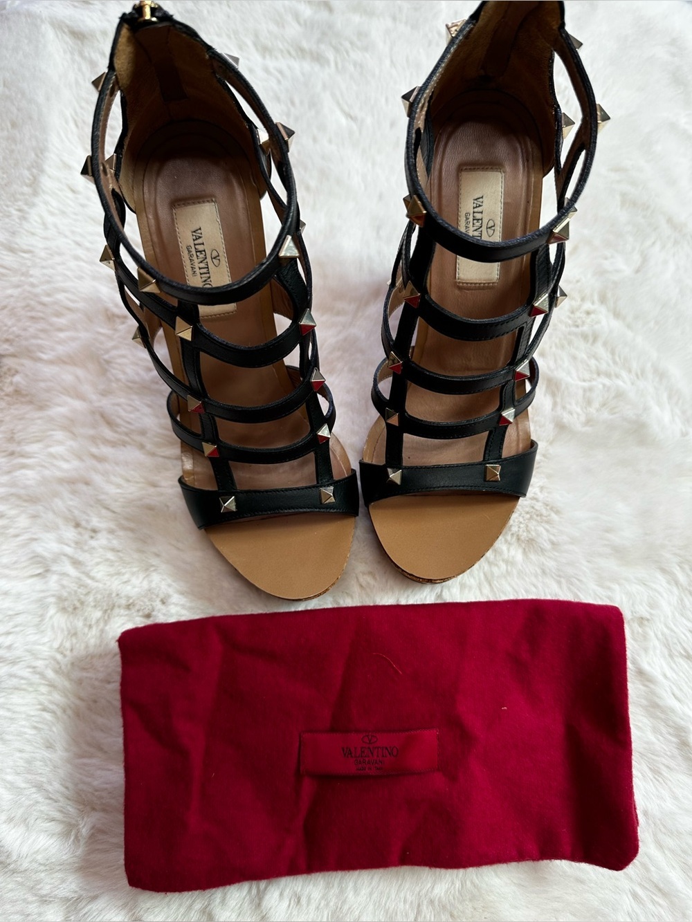 Valentino Garavani Black and Tan Wedge Sandals